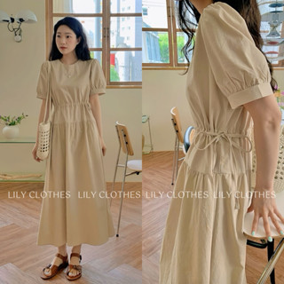 Lily.clothes- Váy midi cổ tròn tay bồng dáng dài rút eo vintage chất đũi xước/ Đầm midi nữ Suli Dress