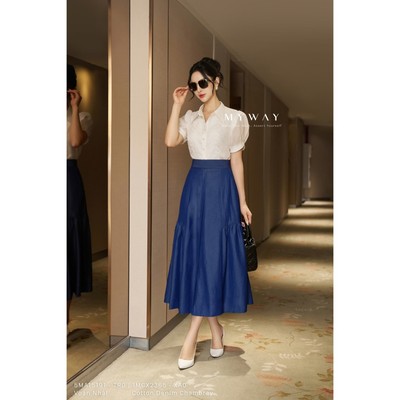 Chân Váy Nữ MY WAY Dáng Xòe A Xếp Tầng Cotton Denim Chambray Cao Cấp 1MCX2365