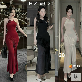 đầm yếm đính hoa cổ có mút dài phối vắt đường nhúm chéo điểm nhấn