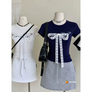 áo thun nữ tay ngắn in chữ trước đính nơ ren dài xinh