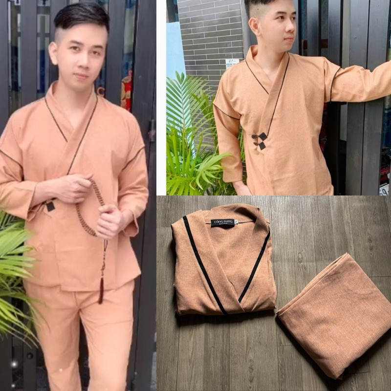Pháp Phục đi chùa nam cổ xéo sang trọng-Đồ lam đi chùa nam vải linen Quảng Châu cao cấp dày đẹp đủ s