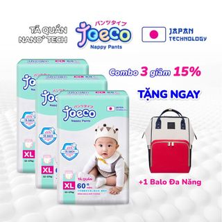Combo 3 gói tã quần joeco m72/l66/xl60/xxl54 lõi thấm siêu mỏng tặng balo bỉm sữa đa năng