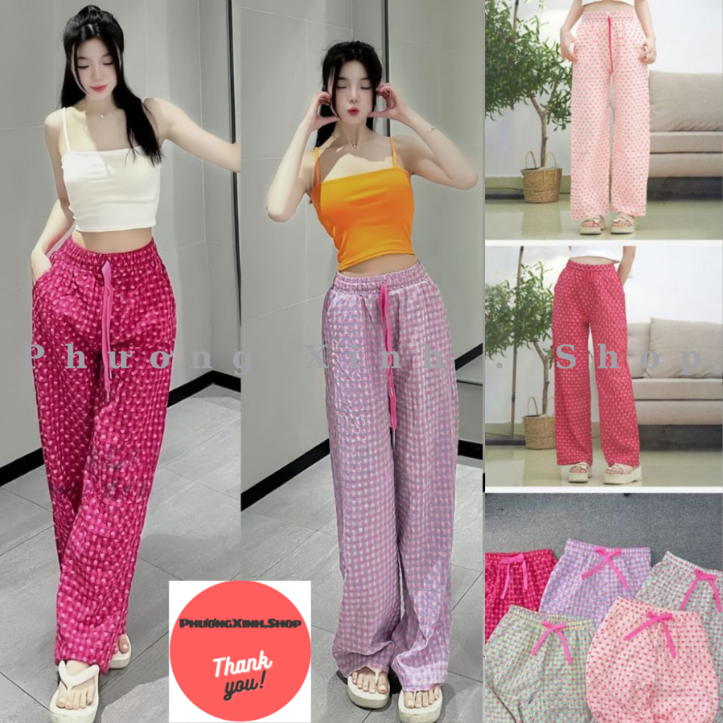 Quần suông nữ quần ống rộng ❤️ PhươngXinh.Shop❤️ hoạ tiết trái tim vải đũi xốp thô nhăn mềm 5 màu mặc ở nhà đi chơi