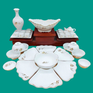 Bộ bát đĩa hoa mặt trời vẽ sen vàng kim đường kính 38; 45; 54cm. hàng sứ bát tràng