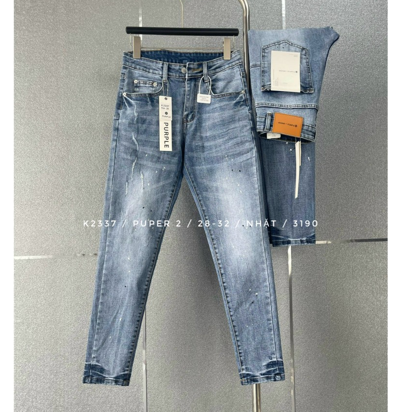 Quần Purple Jean Xanh Vẩy Sơn 4 Cúc Quần Bò Purple Xanh Bụi Vẩy Sơn Xanh Sáng Chất Co Giãn Phối Loan