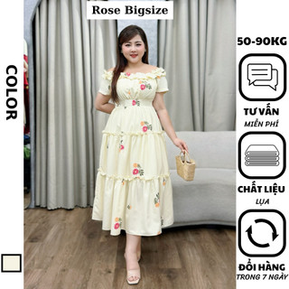 Rose Bigsize - Váy đầm bigsize nữ dự tiệc đi chơi kiểu maxi trễ vai nhún bèo hoa dành cho người mập 50-90kg
