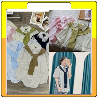 Áo sơ mi liền khăn thủy thủ kẻ cộc tay queenshop