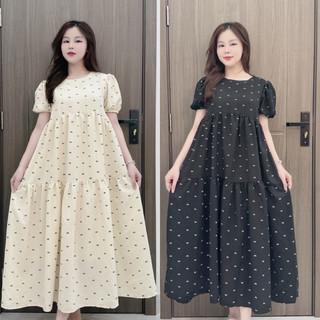    H988  Váy babydoll tay bồng 2 màu  váy nữ dáng dài in hình nơ dễ thương 
