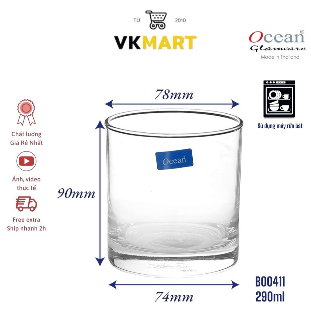 Hộp 6 cốc thủy tinh Ocean dùng để uống nước, cafe size 290ml nhập khẩu Thái Lan thương hiệu VK Mart B00411