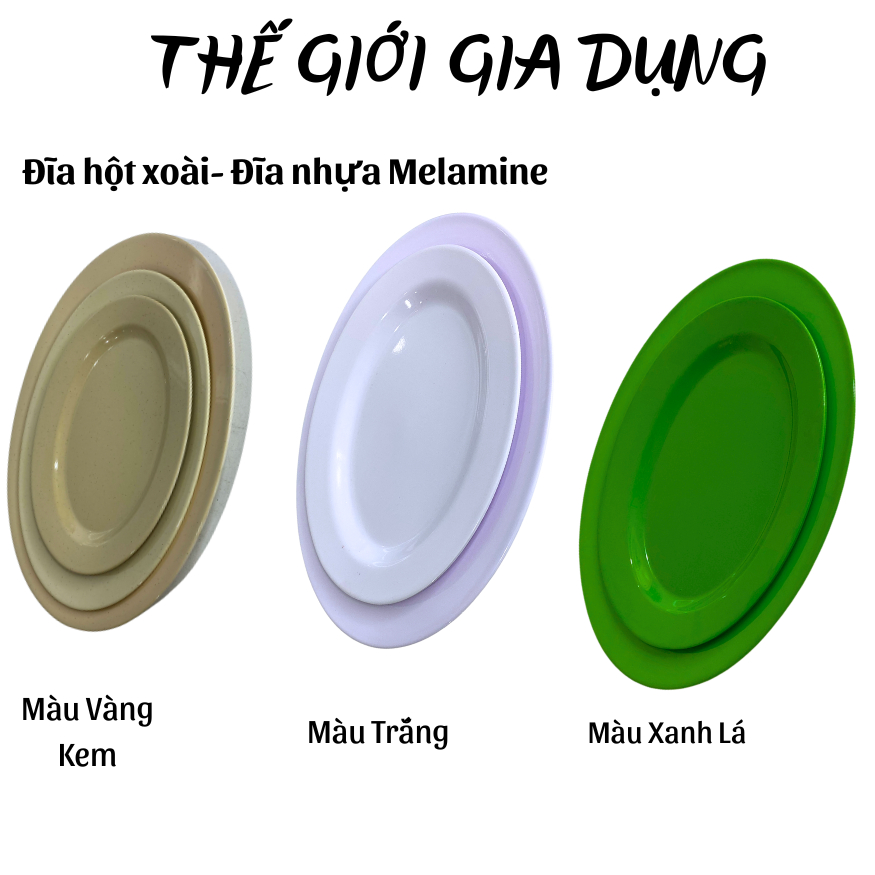 Đĩa nhựa - đĩa hột xoài - dĩa bầu dục melamine màu vàng kem, trắng, xanh lá nhỏ - trung - lớn