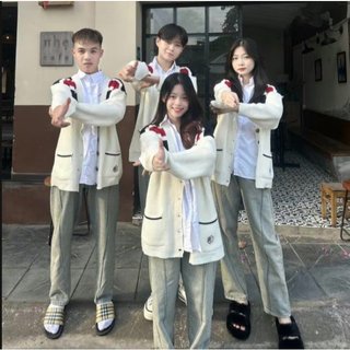 Áo khoác nỉ nữ cadigan viền vai đen đỏ