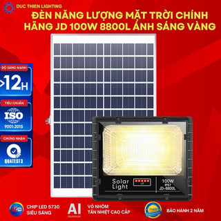 Đèn năng lượng mặt trời 100W ánh sáng Vàng chuyên công trình ngoài trời, sân vườn chống nước ip67 chính hãng JD