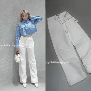 Quần bò jeans nữ suông ống rộng trắng trơn
