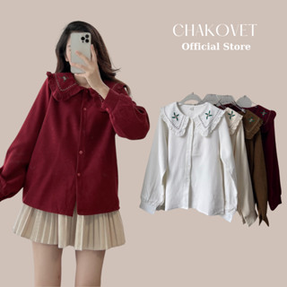 Áo sơ mi nhung dài tay cổ bèo Noel A8768, áo thiết kế thêu hoa xinh xắn phong cách vintage thanh lịch cao cấp - CHAKOVET