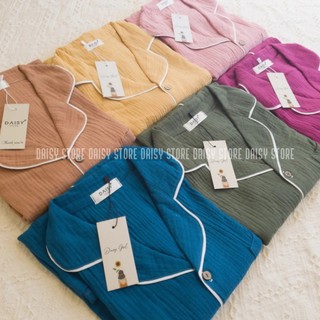 Pyjama mặc nhà đùi xô muslin trơn với bảng màu xinh Hàn