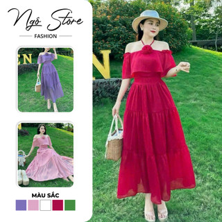 Đầm maxi trễ vai dây yếm có mút siêu xinh, dáng xòe nhún tầng thanh lịch mix bông cổ CHẤT LỤA cho các nàng đi dlịch