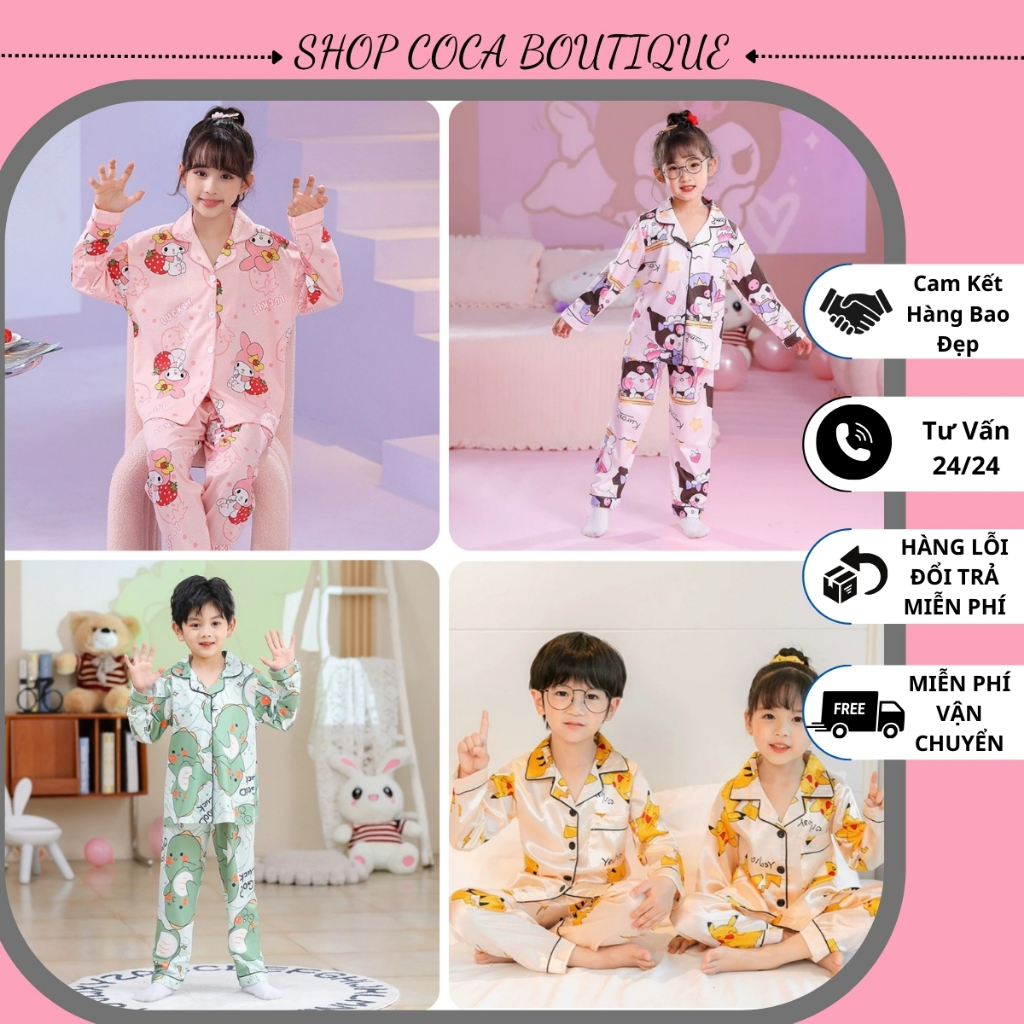 Đồ Ngủ Cho Bé, Đồ Bộ Pijama Bé Trai, Bộ Pijama Cho Bé Gái Chất Lụa In Hình Cực Yêu Cho Bé Từ 8kg - 3