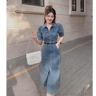 Đầm thời trang nữ mặc đi chơi cổ sơ mi cài nút có khoá kéo chất vải jean loại 1 có kèm dây nịt