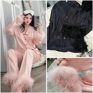 Bộ ngủ -mặc nhà pijama lụa mịn tay lông cao cấp Quảng Châu