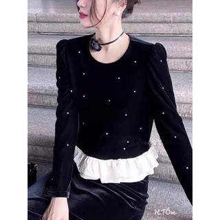  Áo nhung đính đá thủ công bèo gấu cao cấp, áo nhung bigsize vai bồng