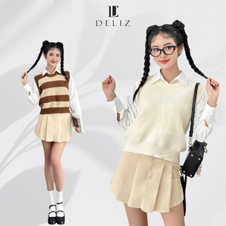 Áo len gile nữ dệt kim cổ tròn phối kẻ dáng trơn basic len lông thỏ mềm hàng thiết kế DELIZ