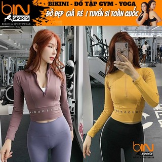 Áo thun nữ tập gym yoga aerobic thể thao croptop dài tay khóa kéo chất liệu thun poly thấm hút mồ hôi BINSPORTS A117
