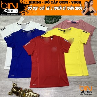 Áo thun nữ tập gym yoga aerobic thể thao ngắn tay phủ bụng chất liệu thun poly co dãn 4 chiều BINSPORTS A025