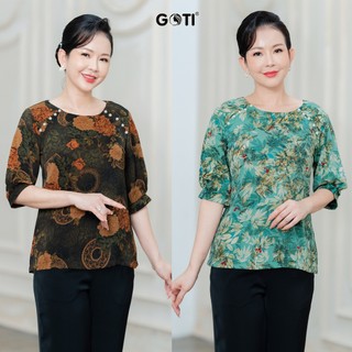 GOTI - Áo Kiểu Trung Niên Nữ Cao Cấp Cổ Đính Hạt Tay Lỡ Nhiều Màu Hoa Có Size Tới 80 Kg 3A52