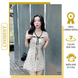Đầm A in nơ viền cổ tim CHIBEST  LDD74