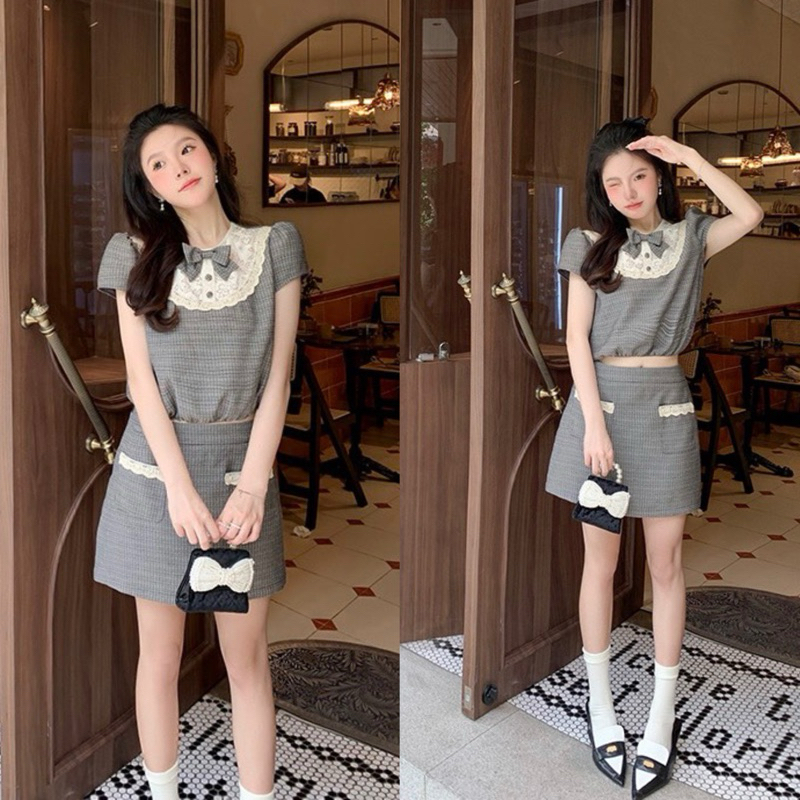 [S2.202] Set Tuyết Mưa Áo Cổ Phối Ren Nơ Khuy Bọc Mix Chân Váy Chữ A Siêu Xinh, Bộ Nữ Tiểu Thư Pha Ren Có Ảnh Thật | BigBuy360 - bigbuy360.vn