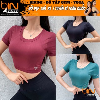 Áo thun nữ tập gym yoga aerobic thể thao croptop ngắn tay kèm mút chất liệu thun dệt kim thấm hút mồ hôi BINSPORTS A149