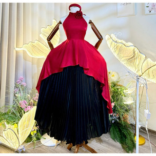 Set áo yếm lụa chân váy tơ xoè tag hoa cài tóc TKCC