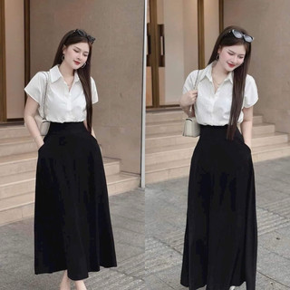 Set áo sơmi trắng mix chân váy đen dáng dài thanh lịch