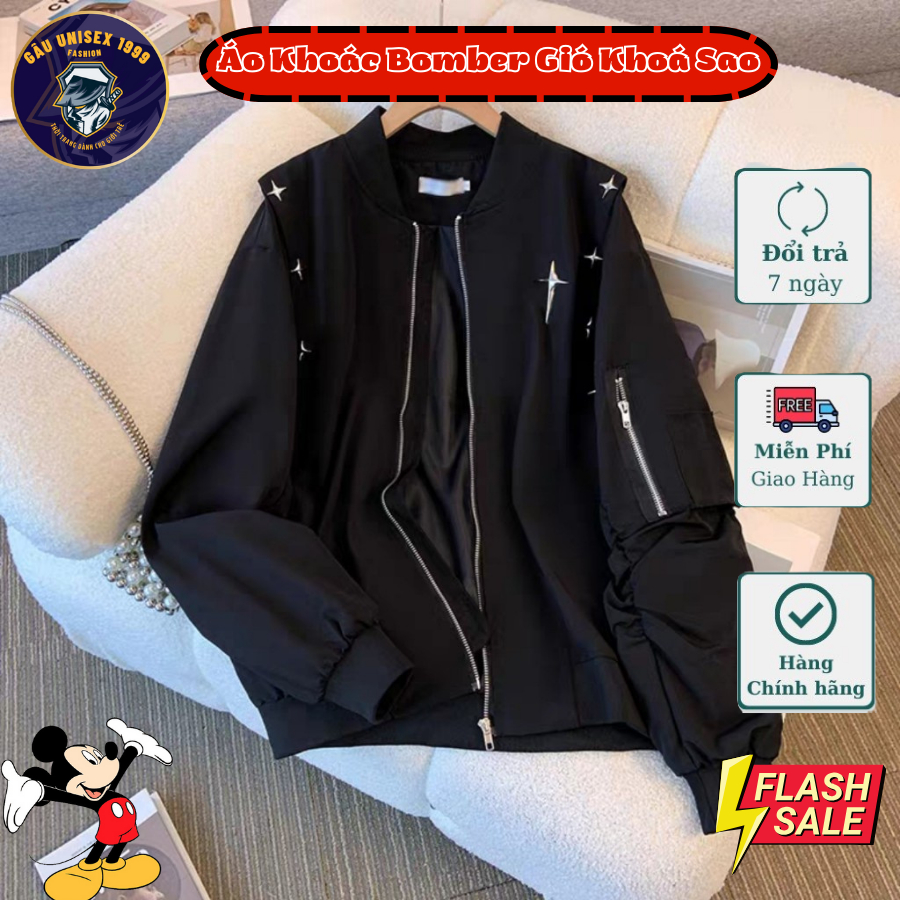  Áo Khoác Bomber Ngôi Sao Con Thoi Khoá Kéo Tay Áo 💙 Chất Gió Mềm Mịn Khoá Zip Bo Cổ Tay Áo Mùa Đông 