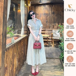 Set Đồ Nữ  Áo Sơ Mi Cổ Bẻ Tay Cộc Thêu Nơ Túi Ngực Kẻ Sọc Phối Chân Váy Maxi Dáng Dài Xòe Vintage Hàn Quốc SP010172