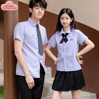 Set áo sơ mi nam Thái Lan nanno màu tím kèm cavat mix quần lửng quần dài trơn đồng phục học sinh cấp 3 trung học thêu