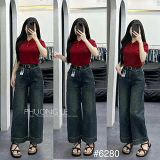 Quần suông ống rộng jeans nữ thêu gấu xanh đậm mẫu mới