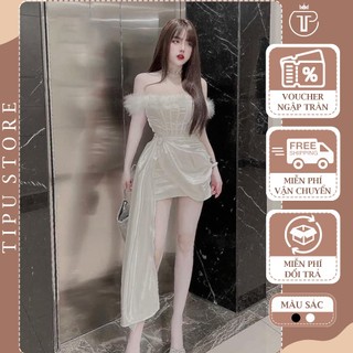 Đầm lụa gấm gân trễ vai lông vũ cao cấp, đi tiệc party sang chảnh, CHARLA