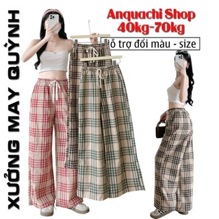 Quần Suông Nữ Ống Rộng Bigsize Cạp Cao Đen Xanh Đỏ Kẻ Sọc Caro To Cho Nấm Lùn Thoải Mái S196