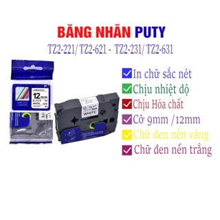 Băng nhãn Puty TZ2-231 khổ 12mm* 8m, chữ đen nền trắng, chất liệu ABS tương thích các loại máy in