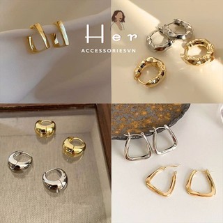 Bông tai nữ tròn vuông mạ vàng chuôi 925, khuyên tai giọt nước basic phụ kiện trang sức cổ điển đơn giản Her Accessories