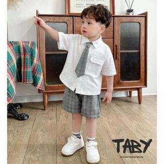  Set sơ mi kèm cà vạt chất cotton cao cấp thấm hút mồ hôi tốt phối quần kẻ cá tính cho bé từ 9-25kg 0923B005