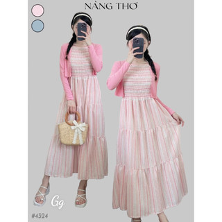 SEt đầm yếm dáng dài chất xốp đũi sọc xanh hồng kèm khoác cadigan ngoài