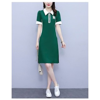 Đầm thun cổ bẻ thêu logo chữ R