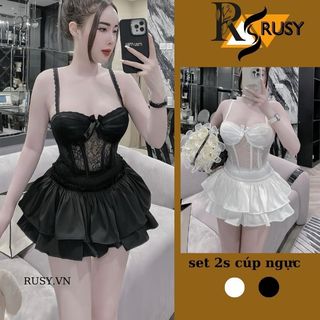 Set ren 2 dây cúp ngực form ôm + chân váy 2 tầng phồng xoè ,đầm ren váy phồng cúp ngực đi tiệc đi biển rusy