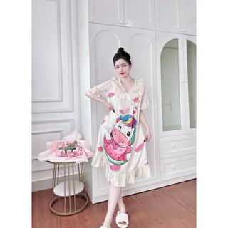 Váy ngủ - Đầm nữ- Váy Sơ mi lụa xước in 5D hoạ tiết dễ thương
