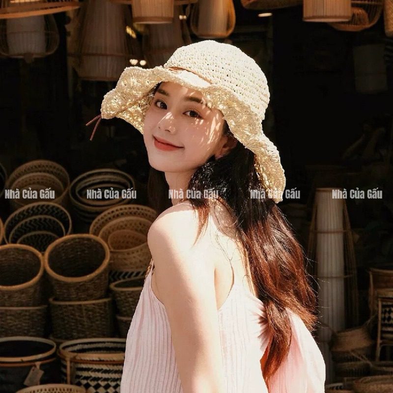 [Ảnh thật] Nón cói mềm dây nơ cột xinh xắn