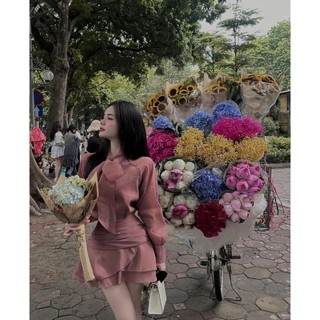 Set bộ đồ áo sơ mi tơ voan HỒNG mix chân váy bèo tầng, Set đồ nữ áo sơ mi nơ cổ tay dài kèm chân váy dáng ngắn basic