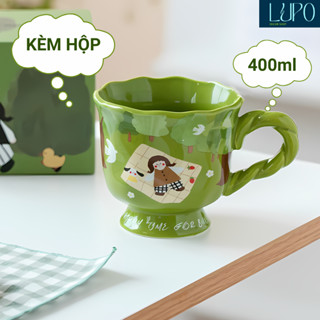 cốc uống nước 400ml, cốc sứ có quai họa tiết vintage, ly gốm sứ uống cafe, trà, kèm hộp, quà tặng sinh nhật, bạn gái