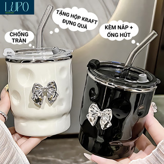 cốc/ly uống nước đính nơ xinh xắn, cốc sứ có nắp và ống hút, chất liệu gốm cao cấp, ly sứ chống tràn, decor